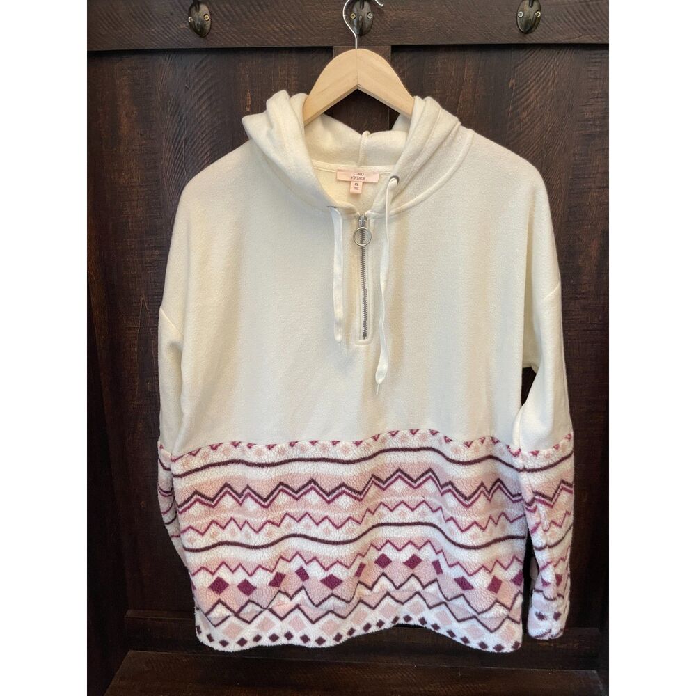 Como Vintage XL Fleece Hoodie Quarter Zip Southwestern Geometric Cream Pink